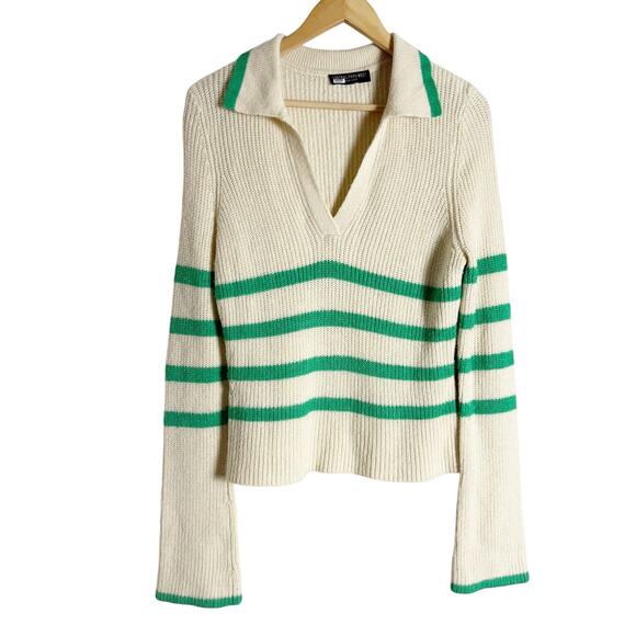 Central Park West Clementine Cream Green Striped Knit Polo Knit Sweater M - Picture 4 of 12